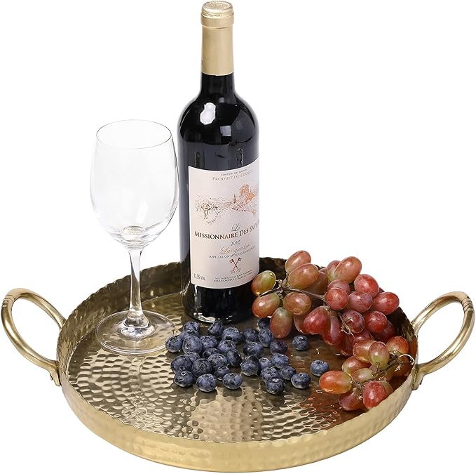 MyGift 12-inch Brass Metal Round Decorative Tray with Handcrafted Hammered Design, Large Centerpiece Display Serving Tray - Handmade in India