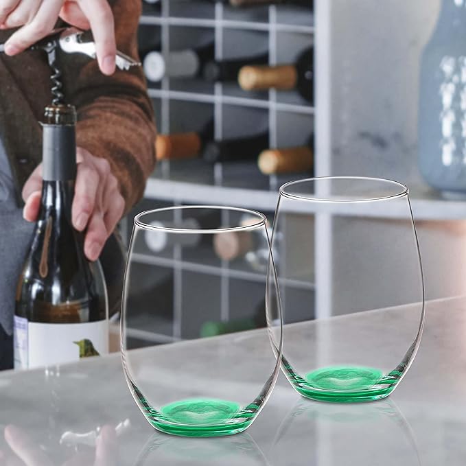 DISCOUNT PROMOS 10 ARC Stemless Wine Glasses Set, 21 oz. - Chardonnay, Cabernet, Merlot, Sauvignon - Green