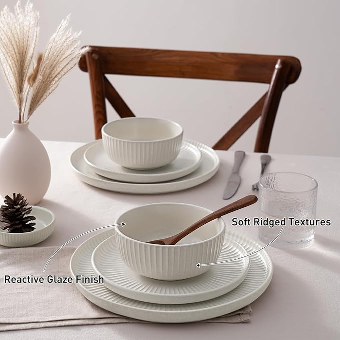 Famiware Starlight Plates and Bowls Dishes Set of 4 (12 Pieces), Ribbed Textured Stoneware Dinnerware Sets- Dishwasher & Microwave Safe, Chip Resistant, Matte Reactive White