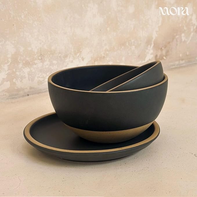 MORA Small Plates Set of 4, 6.5 inch Ceramic Pottery Dessert Plates - Microwave, Oven and Dishwasher Safe - Liquorice
