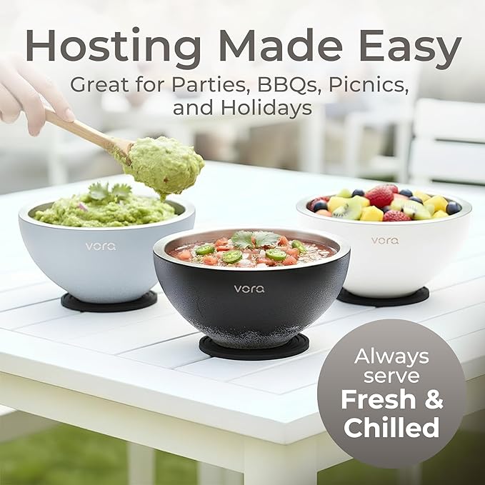 Vora 18oz Dip Chiller Bowl | Black Stainless Steel Chilled Dip Bowl for Dips, Guacamole, Hummus, Salsa | Insulated Serving Dishes with Easiest Water Fill & Refillable Chamber
