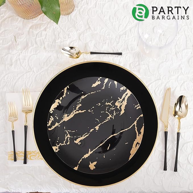 PARTY BARGAINS 13-Inch Charger Plates - 8 Pack, Organic Collection Black Gold Rim, Heavy-Duty Disposable Chargers for Elegant Dining - Ideal for Weddings and Formal Events