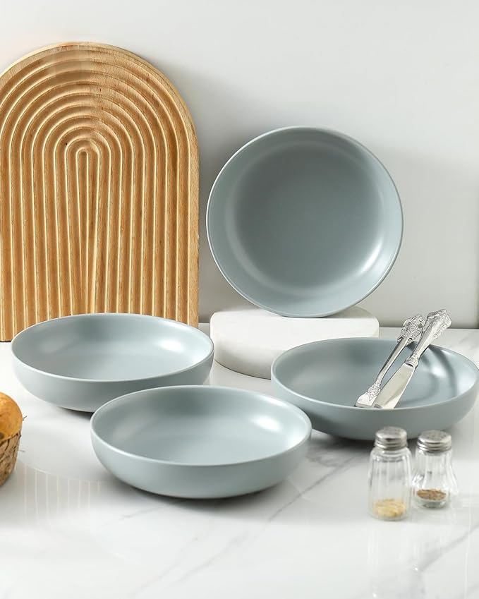 Pasta Bowls – Large Serving Bowls, 34oz Ceramic Plates Set of 2 for Salad, Pasta, Dishes – Microwave Safe, Cooking， Family Dinners, Couples & Parties，Grey