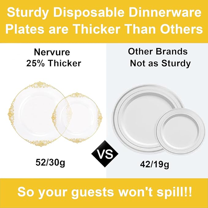 Nervure 100Pcs Clear and Gold Plastic Plates - Heavyweight Gold Disposable Plates - Plastic Plates Include 50Pcs 10.25inch Dinner Plate & 50Pcs 7.5inch Dessert Plate for Wedding & Party & Thanksgiving