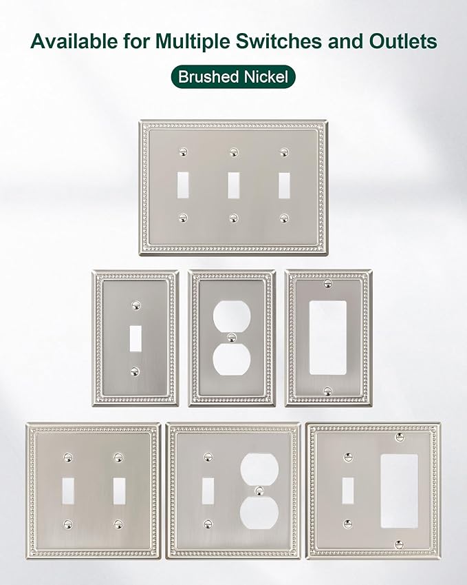 4-Pack Duplex Outlet Cover Plate, Metal Wall Plates for Electrical Outlets, Brushed Nickel 1 Gang Receptacle Cover, Pearls Decorative Switch Plates and Outlet Covers