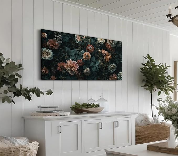 ADJUVANT Wall Art Floral 48"L x 24"W, Dark Hued Vintage Flowers With Lush Foliage Canvas Painting Elegant Blooms Artwork Retro Garden Prints Floral Wall Decor for Living Room Bedroom Study Home Office