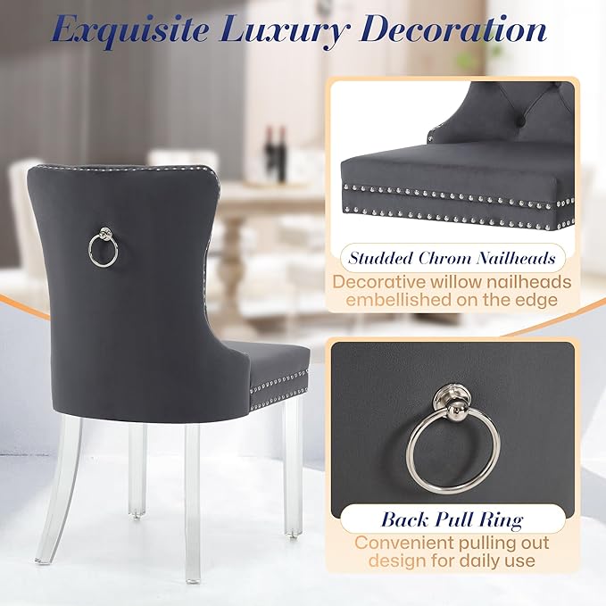KCC Velvet Dining Chairs Set of 6, Upholstered Tufted Wingback Dining Room Chair with Nailhead Back Ring Pull Trim Solid Acrylic Legs, Contemporary Nikki Collection Style for Kitchen, Grey