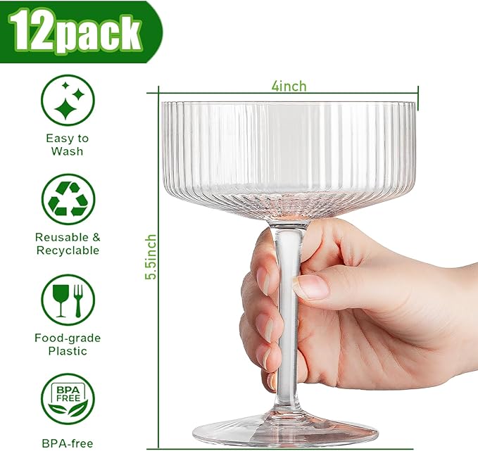 12 Pcs Acrylic Martini Glasses, 10oz Shatterproof Plastic Champagne Tower, Unbreakable Ribbed Coupe Glasses, Stem Cocktail Glassware Set, Manhattan Goblet for Wedding Birthday Party Bar