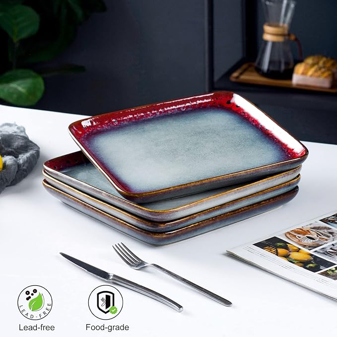 HENXFEN LEAD Square Ceramic Dinner Plates 11 Inch – Large Stoneware Serving Plates Set of 4 for Steak, Pasta & Salad, Microwave & Dishwasher Safe – Reactive Glaze Red