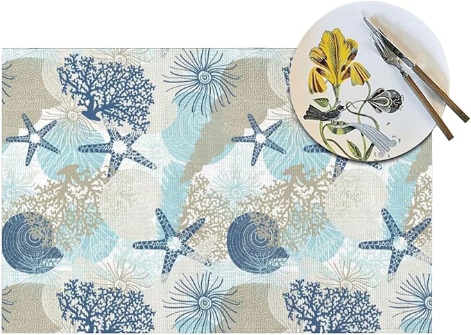 Placemats Set of 6 Aqua Blue Nautical Place Mats Coastal Beach Theme Coral Starfish Woven Table Mats Washable Blue Coral PVC Placemat for Dining Kitchen Decor Indoor Outdoor, 12 x 18 Inch