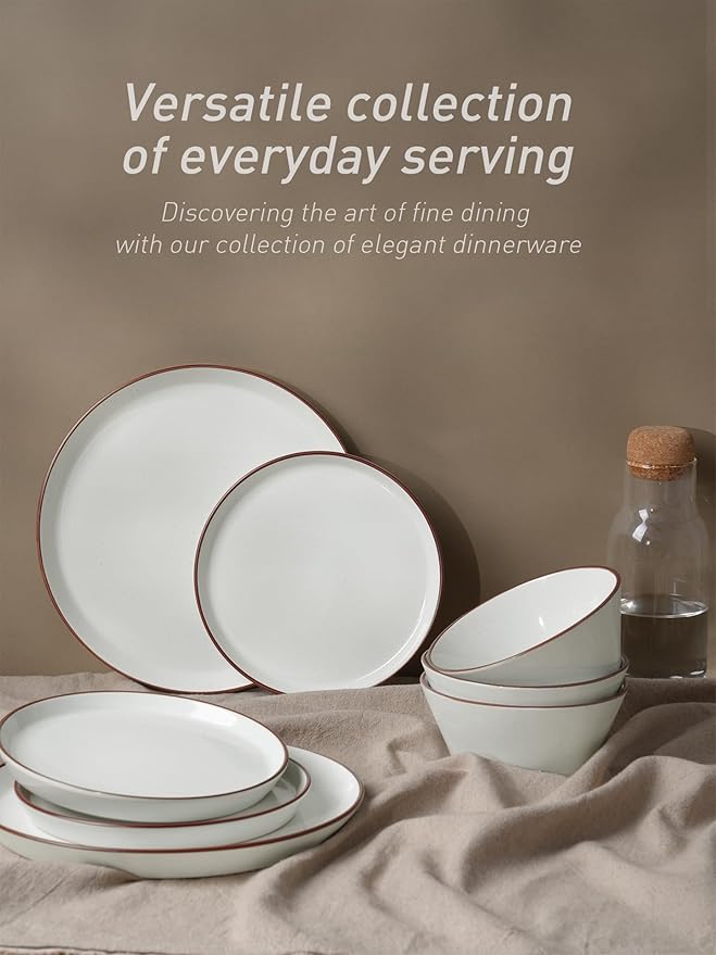 Famiware Saturn Dinnerware Sets, Speckled Plates and Bowls Sets for 4, 12 Pieces Stoneware Dish Set - Chip and Scratch Resistant, Microwave and Dishwasher Safe Tableware Set, White with Rim