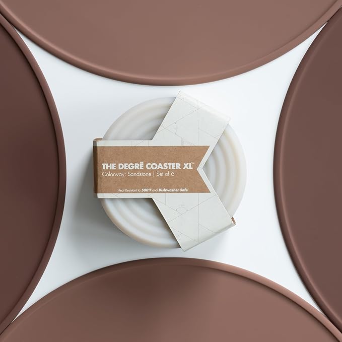 LINE+ARC Extra Thick Silicone Coasters (As Seen in NYTimes WireCutter) Waterproof Anti-Stain Heat-Safe Dishwasher-Safe Degrē Coasters XL (Set of 6 Sandstone) Outdoor Rubber Mid-Century Modern