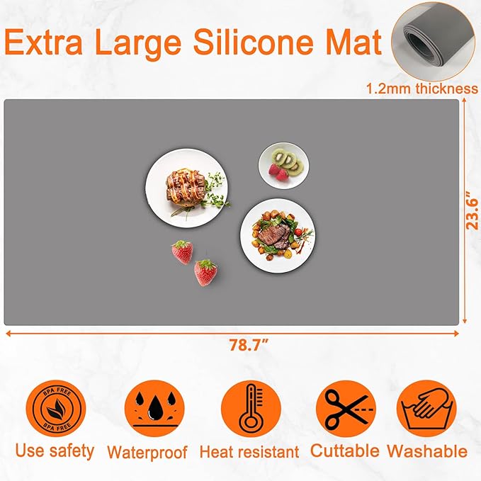 Extra Large Silicone Mat, 78.7''x23.6''(200cmx60cm) Heat Resistant Mats for Countertop, Waterproof Countertop Protector, Cuttable Kitchen Countertop Mat, Silicone Mat for Kitchen Island, Translucent