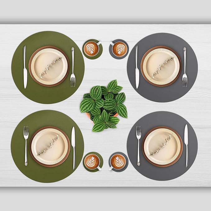 Myir JUN Round Placemats Set of 6 Faux Leather Place Mats and Coasters 15 inch Round Table Mats Dual Sided Non-Slip Stain Resistant Placemats (Gray & Green, Set of 6)