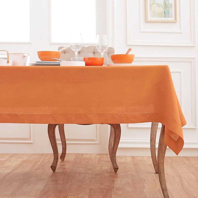 Solino Home Linen Tablecloth for Rectangle Tables 60 x 144 Inch - Classic Hemstitch 100% Pure Linen Pumpkin Table Cloth - Machine Washable Cloth Tablecloth
