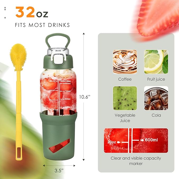 SIEROZUR 32 oz Glass Tumbler with Straw, Glass Water Bottles with 2 Lids-Handle Spout Lid & Straw Lid, 1 Liter Motivational Water Bottles, Silicone Sleeve, Fits Car Cup Holder,Olive