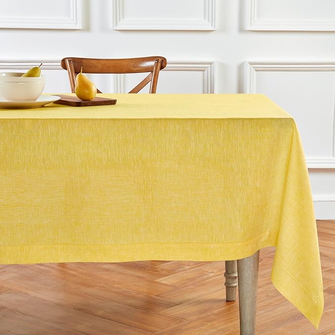 Solino Home Linen Tablecloth 60 x 120 Inch - 100% Pure Linen Chambray Lemon Yellow Table Cloth for Rectangular Tables - Athena, Machine Washable Cloth Tablecloth for Spring, Easter