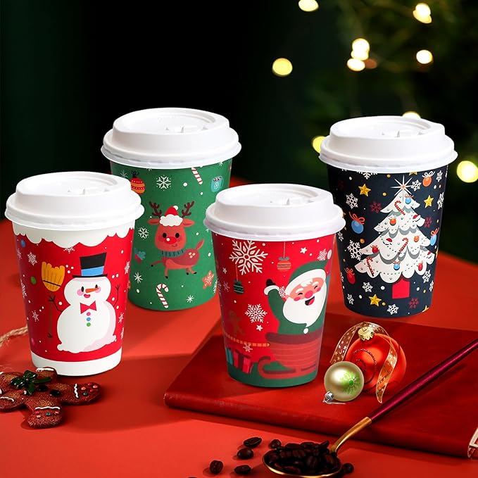 100 Pack 12 oz Paper Cups with Lids, Disposable Coffee Cups for Christmas, To Go Cups for Hot and Cold Drinks, Beverage