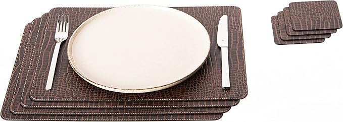 Nikalaz Set of 4 Small Placemats and 4 Coasters Made of Recycled Leather (15.75 x11.81 inches, Crocko)