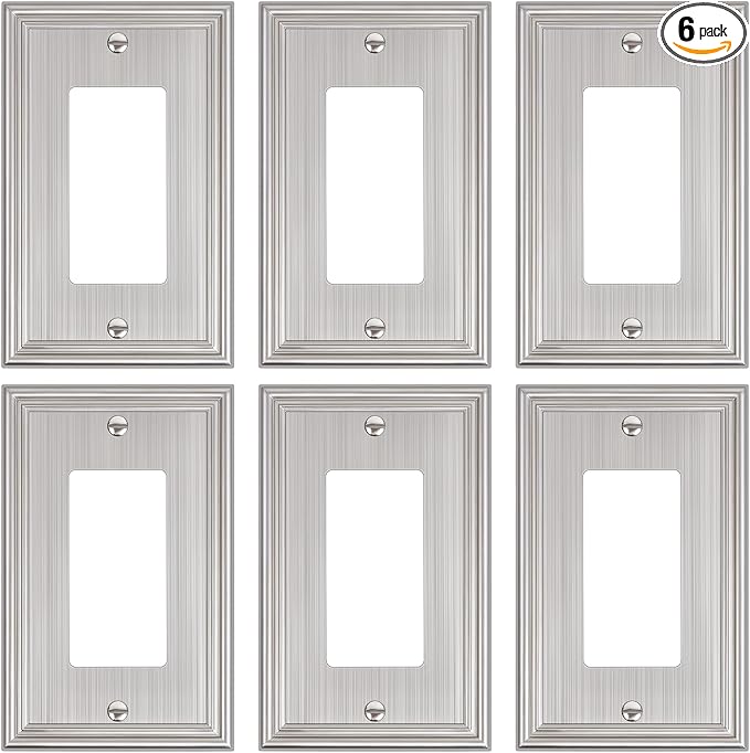 6-Pack Decorator Outlet Cover Plate, Brushed Nickel Decorative Switch Plates and Outlet Covers, Durable Zinc Alloy Wall Plates for Electrical Outlets, Receptacle, GFCI Outlet, Dimmer Switch
