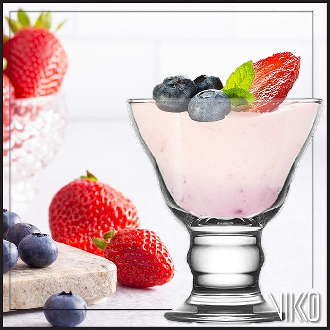 Vikko Orion Glass Sundae Bowls: Dessert Cups – For Parfait, Ice Cream, Pudding, Fruit, and More – Set of 6 Thick Large Dessert Dishes - 8.75 ounces - Dishwasher Safe