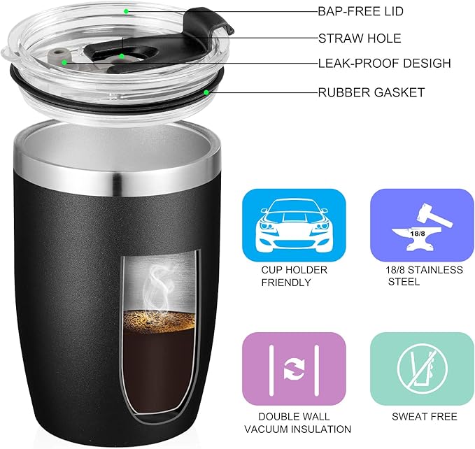 VEGOND Stainless Steel 12 oz Tumblers bulk Vacuum Insulated Double Wall Travel Tumbler with Lid and Straw Reusable Tumbler, Black 1 Pack