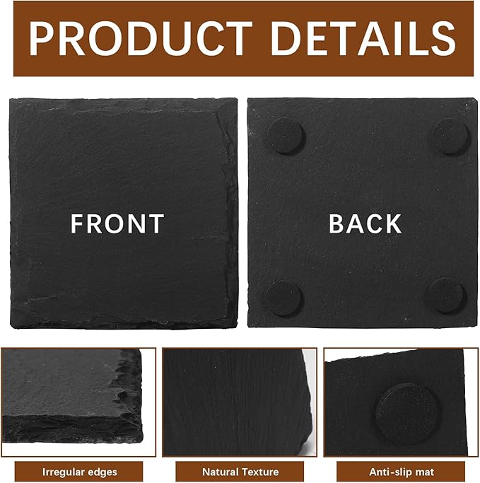 48 PCS Slate Coasters Black Square 4 Inch Bulk Rock, Blank Laser Engraving, Scratch Resistant Bottom, Home Office Kitchen Gift Wedding Bar Party Square Coasters