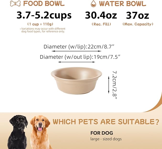 Ceramic 8.7inch Dog Bowl for Large Dogs, Basic 4 Cup Food or 37oz Water Bowl for Replacement, Wide Opening Rounded Edge(Single Bowls, Oat Beige)