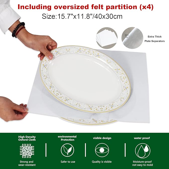 VERONLY Christmas Platter Storage Case - Plate Storage Containers, Stackable China Storage Containers Hard Shell,4 Felt Dividers Included for Dish,Plate, Dinnerware and Transport,Gray and Red