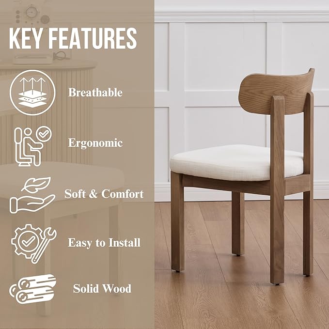 Beige Dining Chairs Set of 4, Mid Century Modern Linen Dining Room Chairs with Curved Back, Armless Kitchen Chairs for Living Room/Restaurant/Balcony/Bedroom/Home Desk/Task