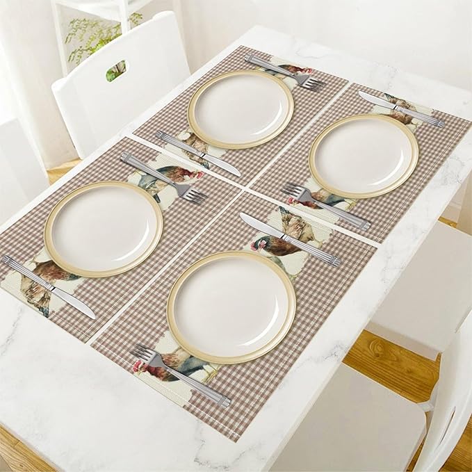 Rustic Rooster Placemat Set, Vintage Boho Farmhouse Colorful Watertcolor Chicken Pink Plaid Pattern Home Decor Table Mats for Dining Room Kitchen Party (17x12in) x6P
