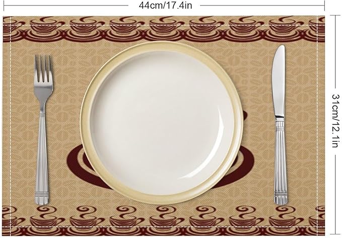 Vintage Coffee Theme Placemat Set, Minimal Rustic Farmhouse Brown Beige Geometric Coffee Cup Beans Seamless Pattern Home Decor Linen Table Mats for Dining Room Kitchen Party (17x12in) x4P