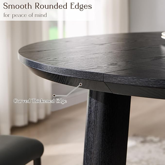 OKD 47" Dining Table for 4-6, Round Dining Room Table with Triangular Structure Pedestal Stable Base, Curved Table Edge, Circle Kitchen Tables for Dining Room, Kitchen, Black Oak