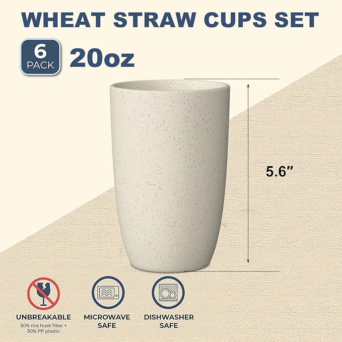 Wrova Wheat Straw Cups 6 PCS Good Alternative to Plastic Reusable Cups 20 oz Unbreakable Drinking Cup Reusable Dishwasher Safe Water Plastic Glasses Mixed Color