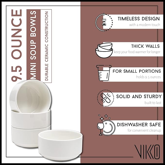 Vikko Modern Soup Bowls, Set of 6 White Porcelain Bowls, Stackable 9.5 oz Elegant Restaurant Style Soup Bowl Set, Microwave and Dishwasher Safe