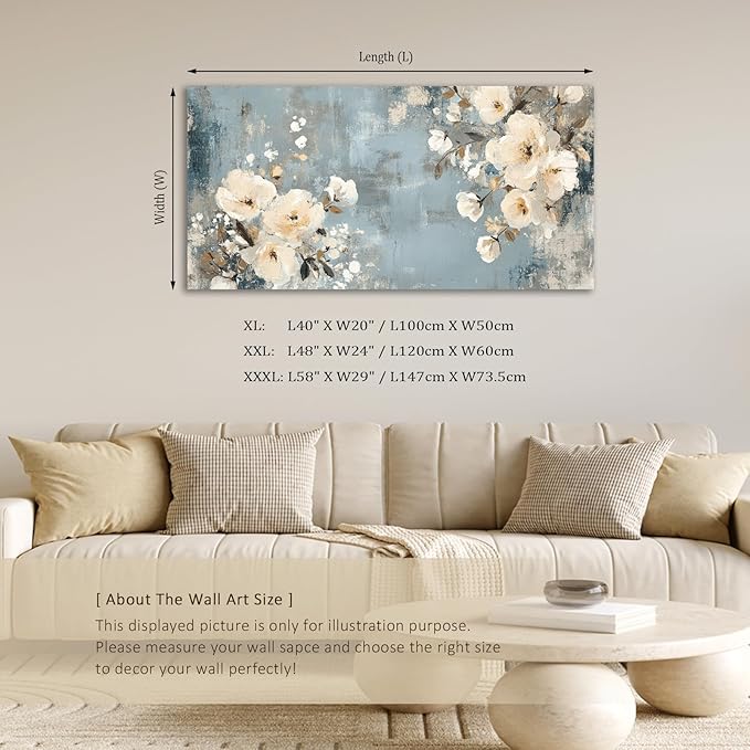 ADJUVANT Wall Art Vintage Floral 48" L x 24" W, Creamy Flowers On Distressed Blue Background Canvas Painting Blossoms Artwork Prints Floral Wall Decor for Living Room Bedroom Dining Room Home Office