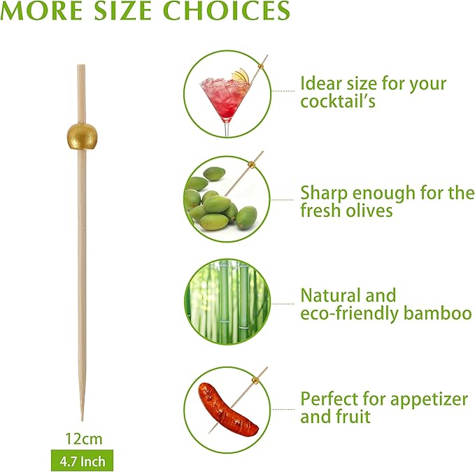 200 Pcs Cocktail Picks, 4.7 Inch Toothpicks for Appetizers, Bamboo Cocktail Sticks Skewers for Drinks, Desserts, Charcuterie, Wedding Party Fancy Toothpicks, Gold Pearl Mini Food Picks Decorative