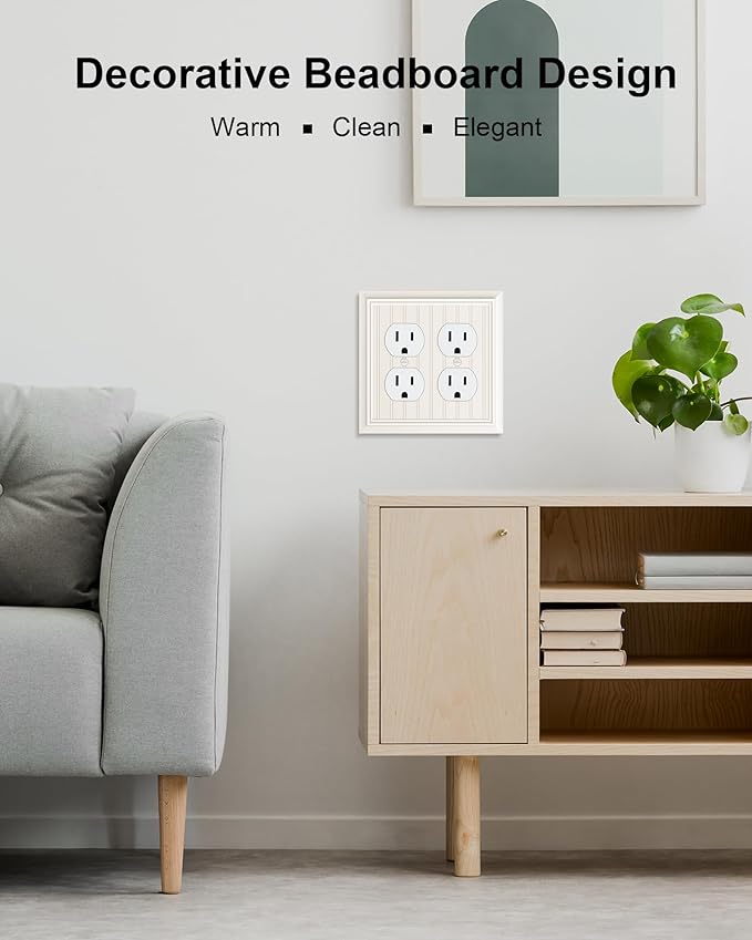 2-Pack Classic Beadboard Double Duplex Outlet Cover, Light Almond Decorative Switch Plates and Outlet Covers for Electrical Outlets, Durable Natural Bamboo Fiber Wall Plates, 2 Gang Receptacle Cover