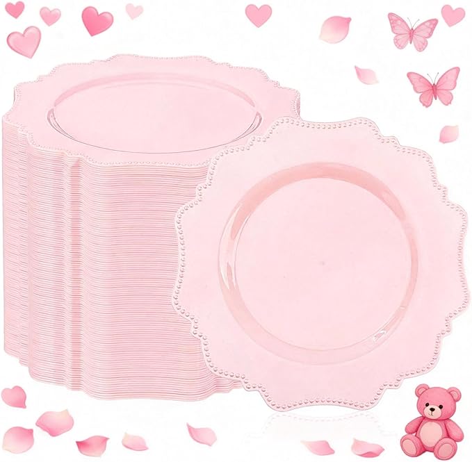 COLOSUS 60pcs Pink Plastic Dessert Plates - 7.5 Inch- Heavy Duty Disposable Plastic Appetizer/Salad/Cake Plates for Party Wedding and Everyday Use,Valentine's Day