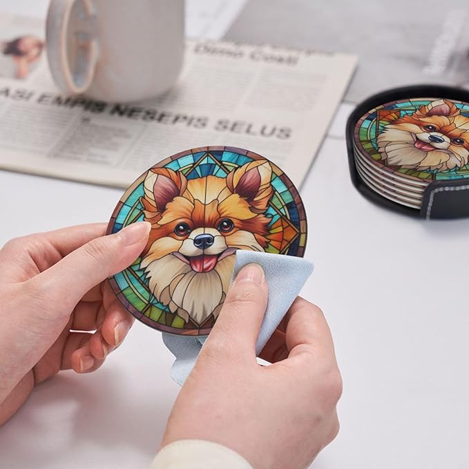 Drink Coaster Set of 6, Pomeranian Dog Mom Lover Gift,Leather Drink Coasters with Holder,6 Pack Cup/Bar/Drink Coasters for Table/Drinks/Coffee Protection Housewarming Gift