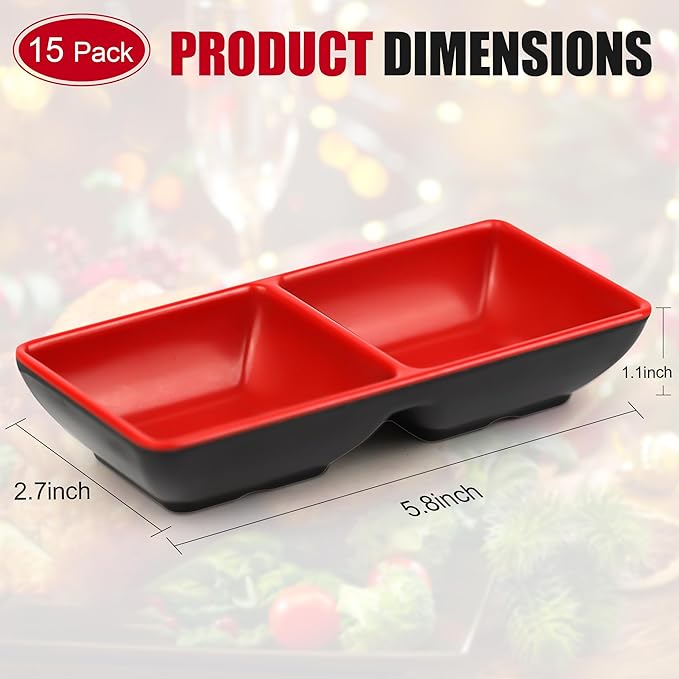 15 Pcs Dual Soy Sauce Dish, Melamine Dual Dipping Bowls Divided Sauce Dishes for Sushi,Two Compartments Plate Appetizer Serving Tray for Restaurant Kitchen Condiments