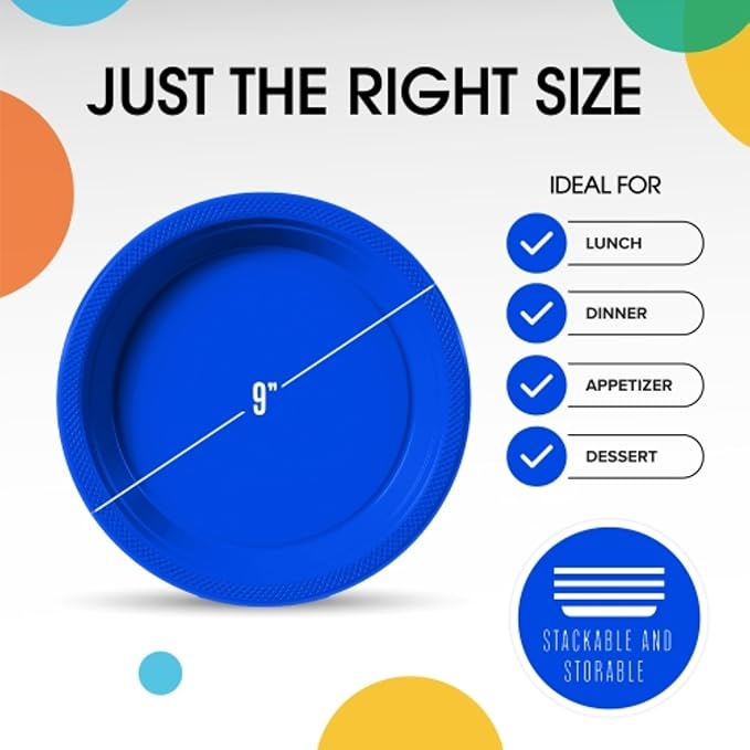 Dark Blue Plastic Plates For Party 9" Dark Blue Disposable Plates Heavy Duty 100 Pcs Plastic Dinnerware Sets Heavy Duty 350 GSM Disposable Dinnerware Set