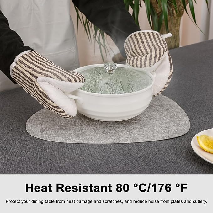 Placemats and Coasters, Washable Placemats Round Faux Leather Wipeable Place Mats Non Slip Heat Resistant Indoor Outdoor Table Mats (Set of 6, Light Gray Cream-White)