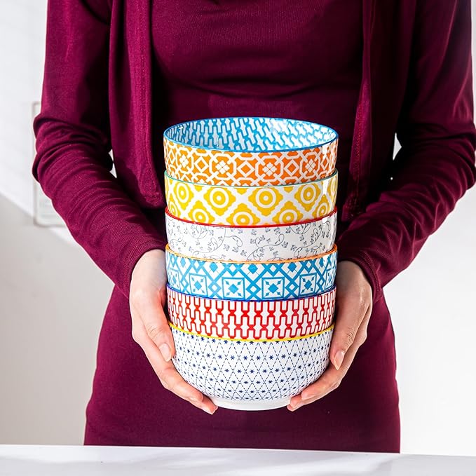 Ceramic Soup Bowls Set - 23 Oz Deep Cereal Bowl for kitchen - 6 Inch Porcelain Salad Bowl for Pasta, Dessert, Ramen - Microwave Dishwasher Safe - Set of 6 - Assorted Colors