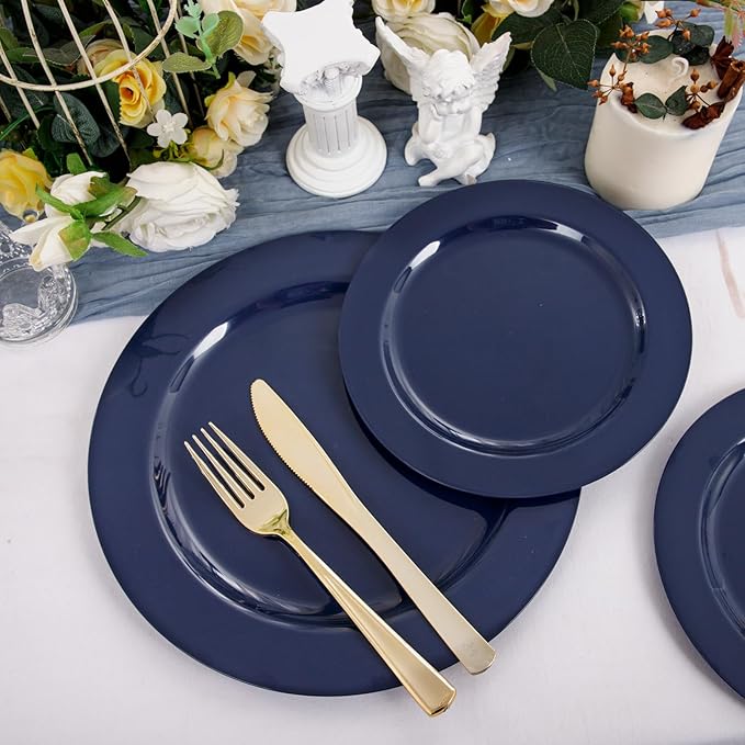 FLOWERCAT 100PCS Blue Plastic Plates - Heavy Duty Blue Disposable Plates for Possover Party/Wedding/Hanukkah - Include 50PCS 10.25inch Dinner and 50PCS 7.5inch Dessert/Salad Plates for 50 Guests