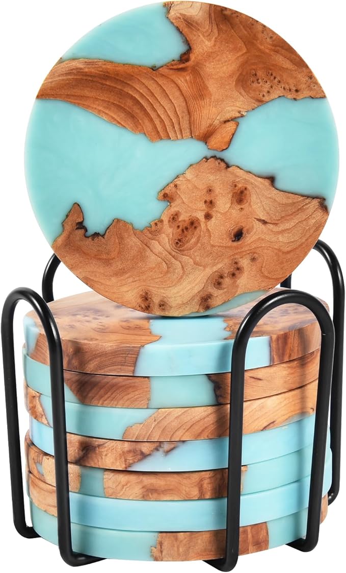 Resin Wood Coaster Set of 8 - Handmade Epoxy Coasters with Holder, Mountain Sea Design for Coffee Table Protection & Home Decor