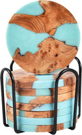 Resin Wood Coaster Set of 8 - Handmade Epoxy Coasters with Holder, Mountain Sea Design for Coffee Table Protection & Home Decor