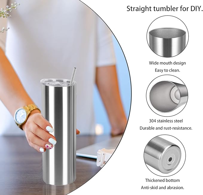 30 Oz Straight Skinny Tumbler Set, Stainless Steel Slim Skinny Travel Tumbler Bulk, Birthday Diy Gift For Women Friends Sisters, 4 Pack, Silver
