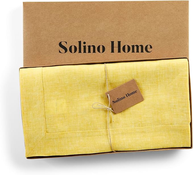 Solino Home Linen Tablecloth 54 x 72 Inch - 100% Pure Linen Chambray Lemon Yellow Table Cloth for Rectangle Tables - Athena, Machine Washable Tablecloth for Spring, Easter
