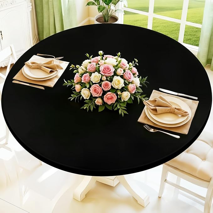 Round Spandex Tablecloth, Elastic Fitted Waterproof Tablecloths for 31"-35" Tables, Stretch Washable Picnic Table Cover for Camping, Dining, Indoor and Outdoor, Black